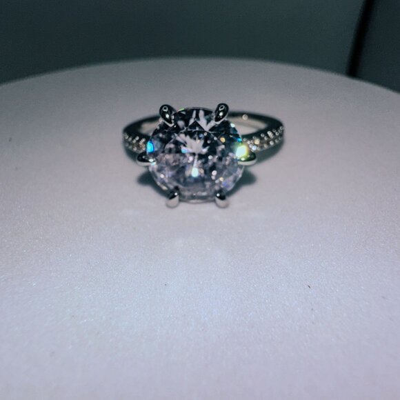 Silver Tone Cubic Zirconia Round Cut Engagement Ring - Picture 4 of 5